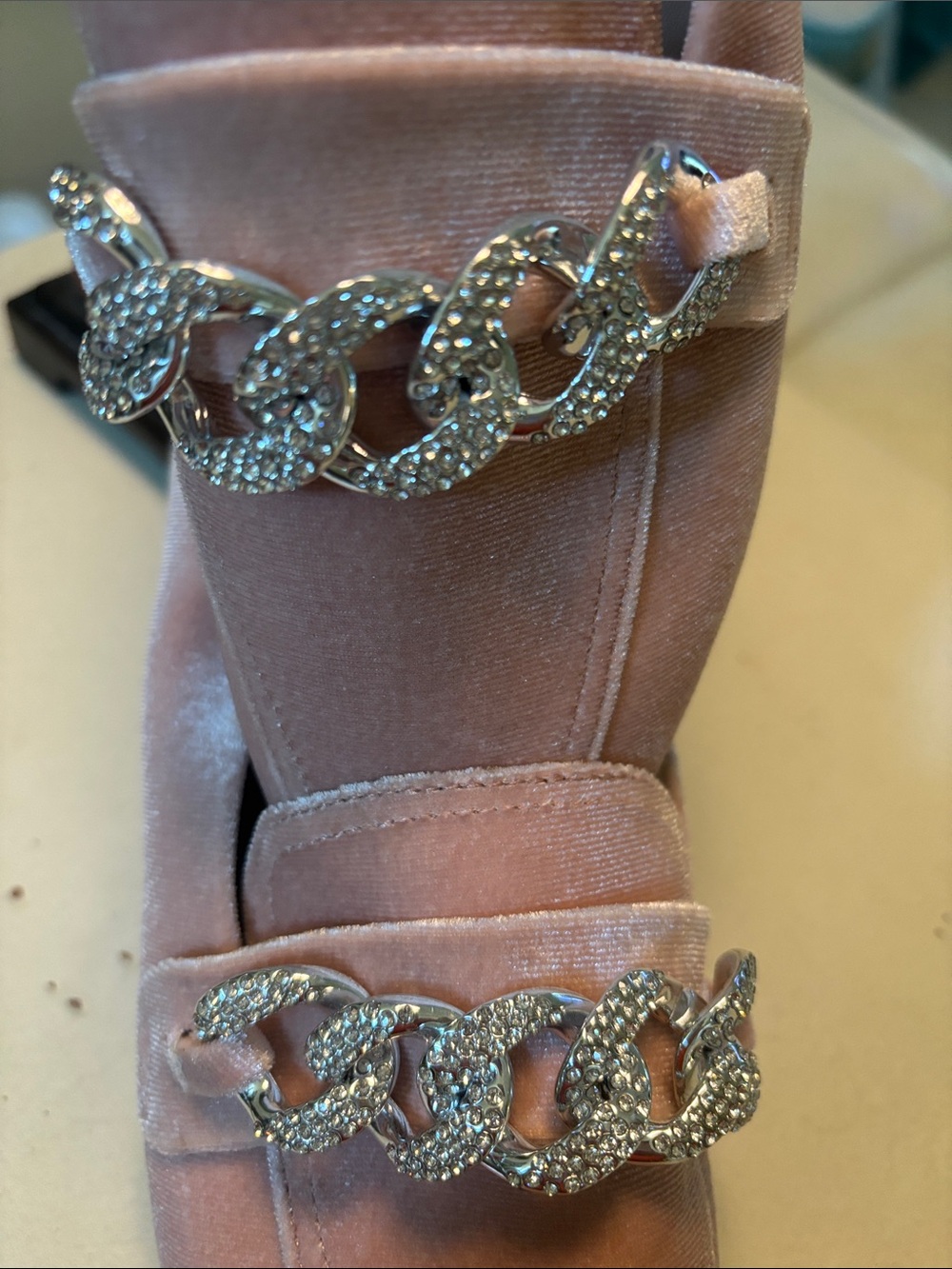 Steve Madden Pink Velvet Loafers with Crystal Chain Detail - Picture 2 of 9
